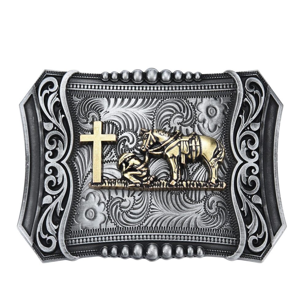 6016 Religious Cross Running Horse Belt Buckle │Western Vintage Cowboy